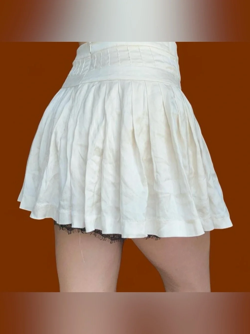 bebe Cream Mini Skirt with Black Lace Trim